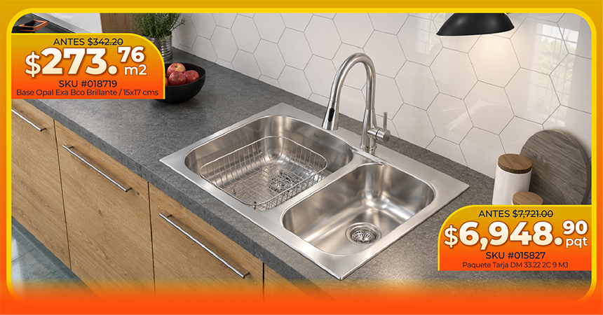 Tarja de acero inoxidable de dos tinas con mezcladora sobre una cubierta gris, junto a un muro de azulejo hexagonal blanco Base Opal Exa, con precios de oferta