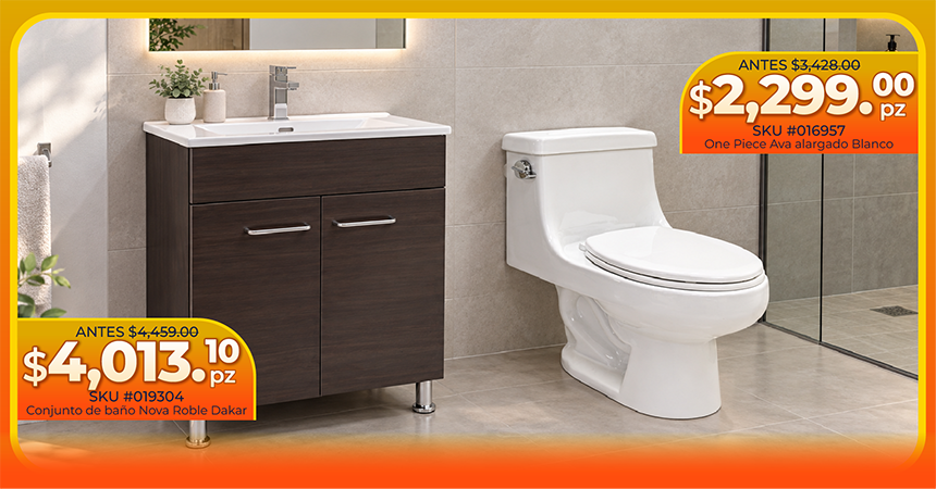 Mueble de baño Nova Roble Dakar con lavabo blanco, junto a un inodoro One Piece Ava alargado blanco, con precios de oferta