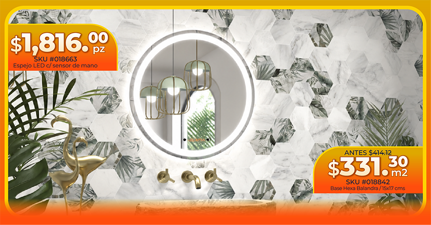 Espejo LED circular con sensor de mano sobre un muro de azulejo hexagonal Base Hexa Balandra con estampado de hojas, con precios de oferta