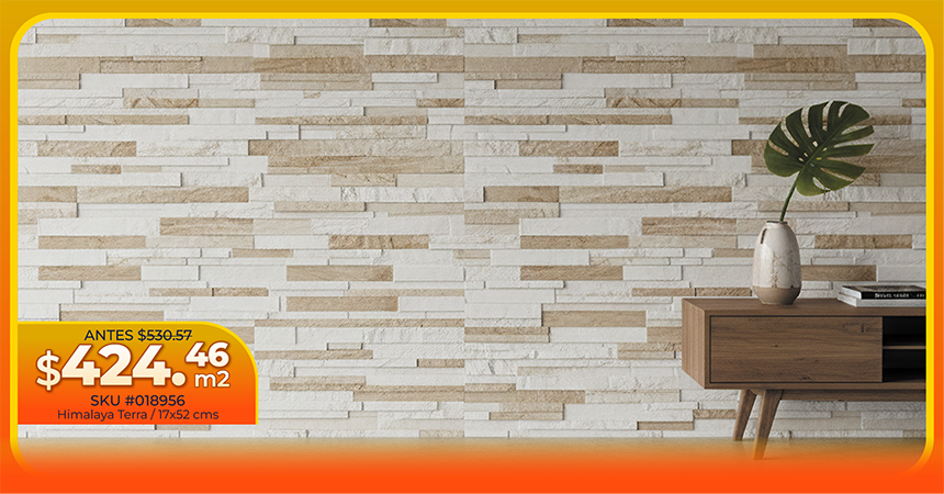 Recubrimiento de muro Himalaya Terra de 17x52 cm, con acabado de piedra en franjas blancas y beige, junto a un mueble de madera, con precio de oferta