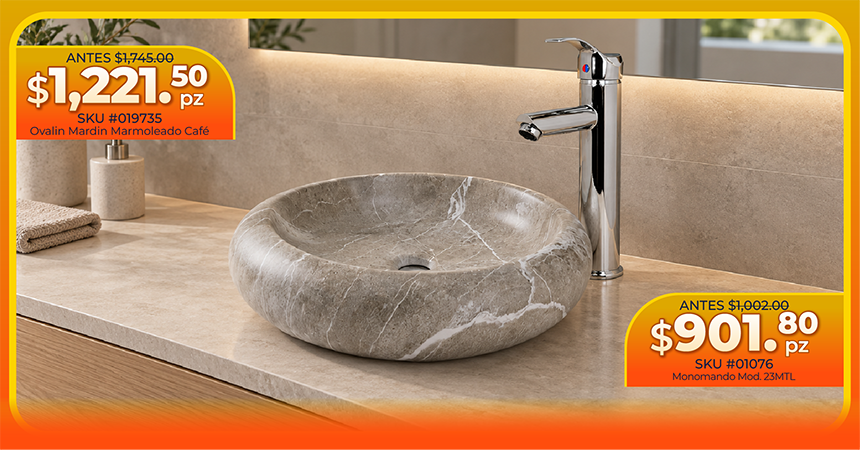 Ovalín Mardin marmoleado café sobre una cubierta de baño, con un monomando cromado alto, con precios de oferta