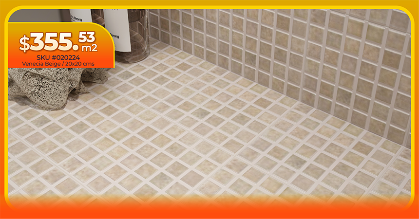 Mosaico Venecia Beige de 20x20 cm en piso y muro de baño, con precio de oferta