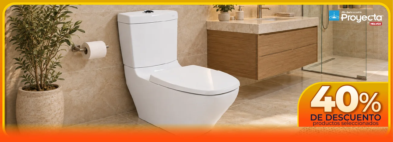 Proyecta by Helvex: 40% de descuento en productos seleccionados, con un inodoro blanco y un mueble de baño de madera