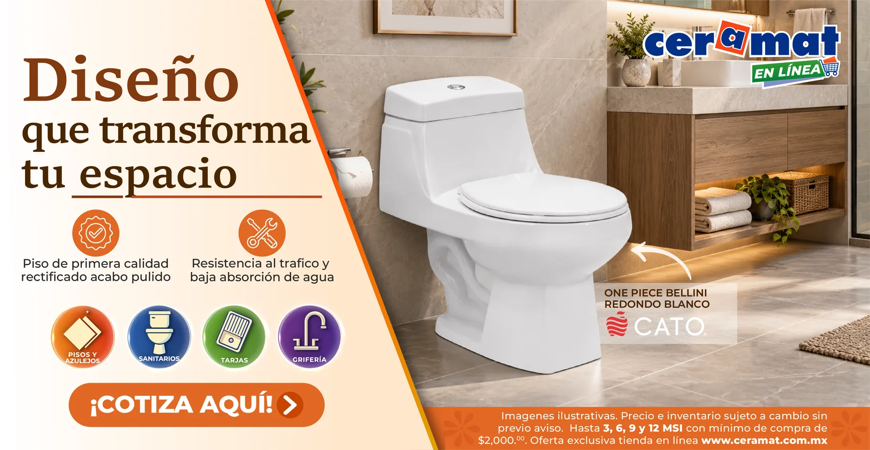 Diseño que transforma tu espacio: baño con One Piece Bellini redondo blanco de CATO