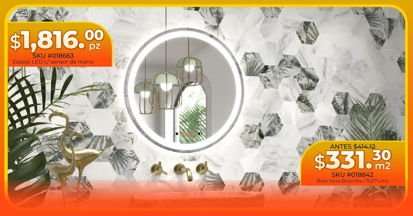 Espejo LED circular con sensor de mano sobre muro de azulejo hexagonal de mármol con estampado tropical, con precio de oferta