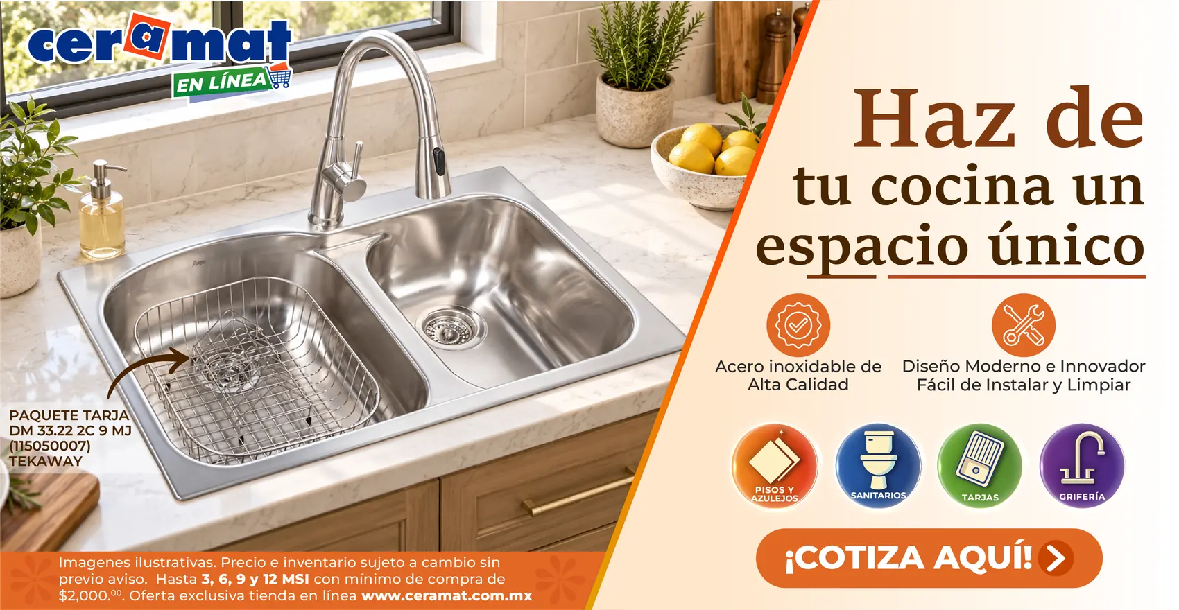 Haz de tu cocina un espacio único: paquete de tarja doble Tekaway de acero inoxidable con monomando