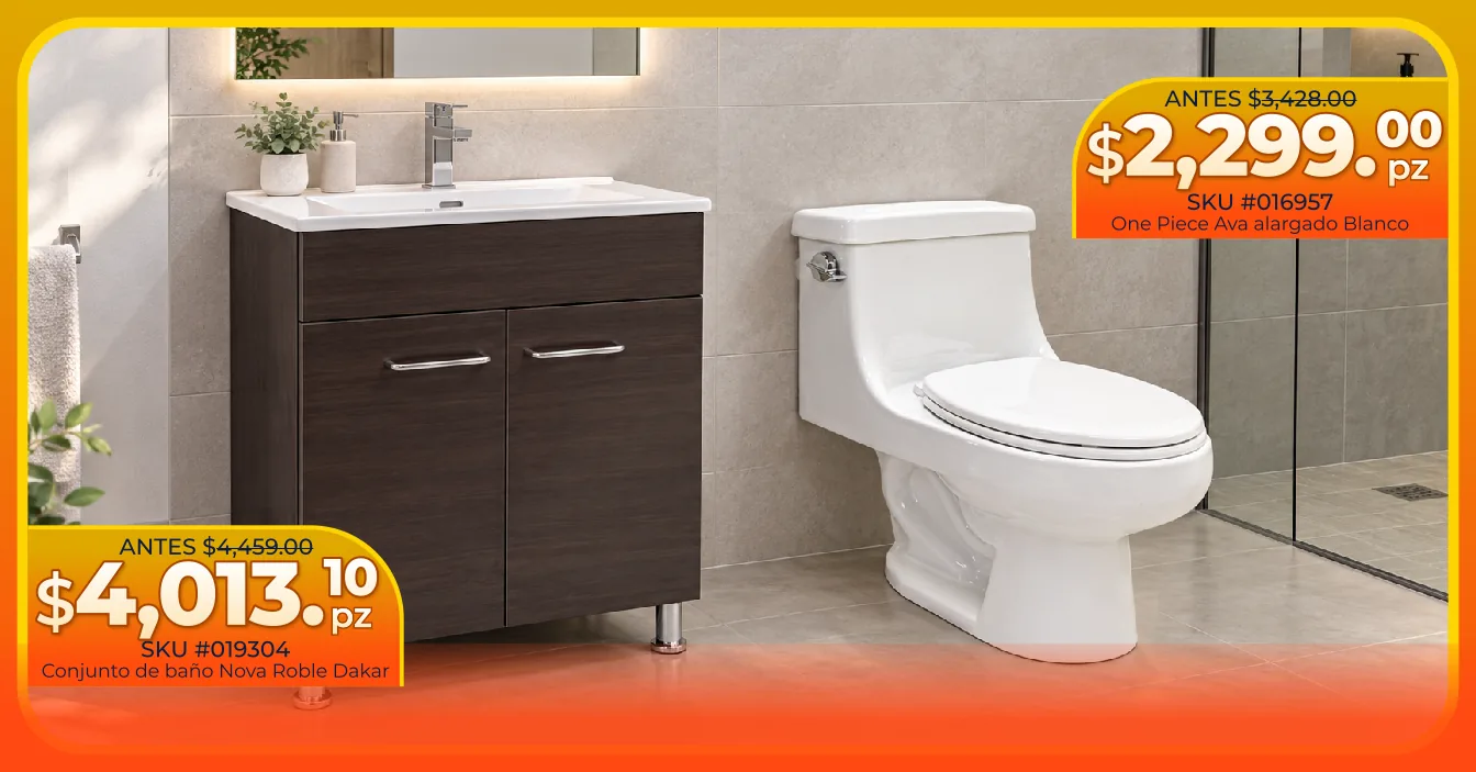 Conjunto de baño Nova Roble Dakar con mueble de madera oscura y lavabo blanco, junto a inodoro One Piece Ava alargado blanco, con precios de oferta
