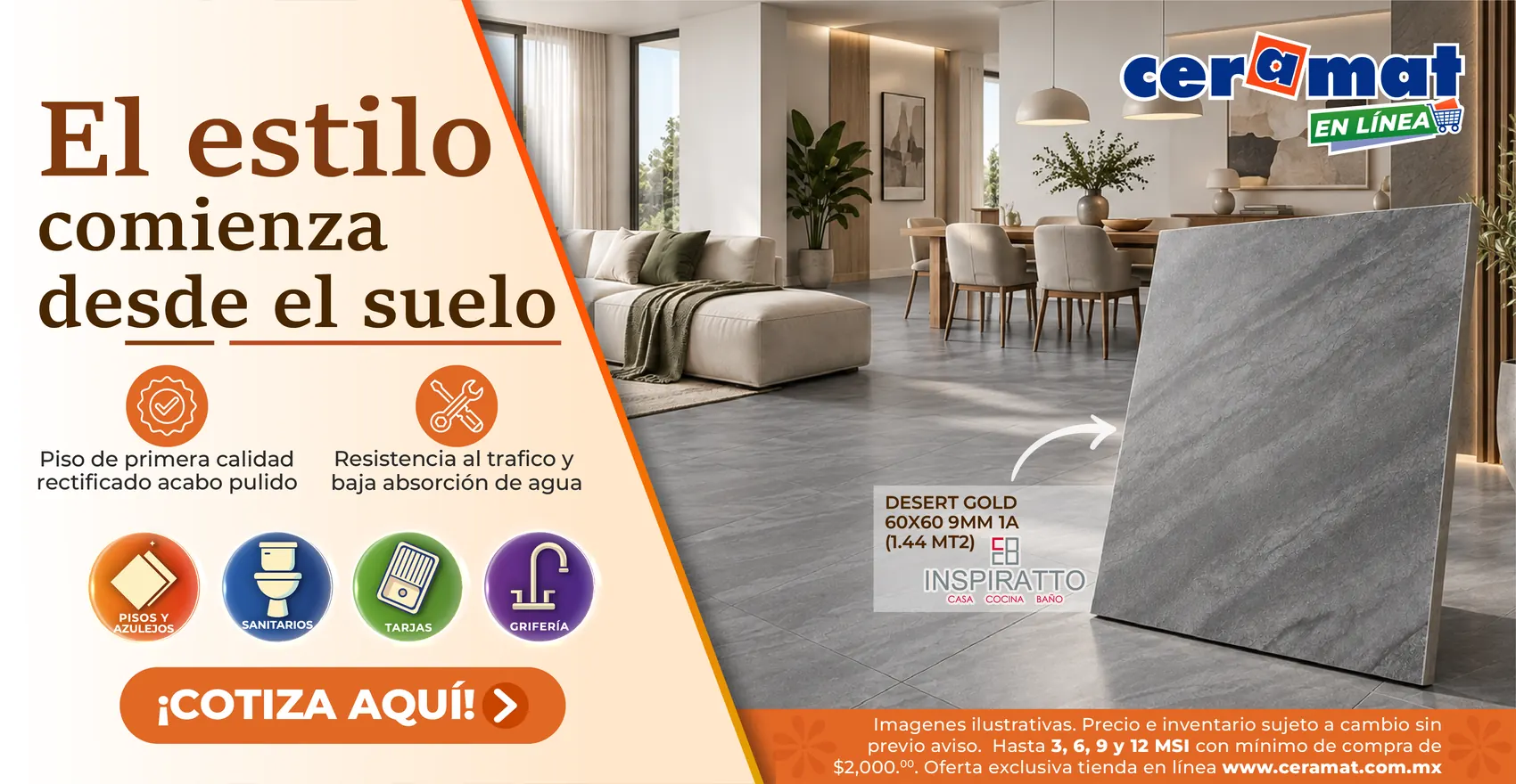 El estilo comienza desde el suelo: porcelanato Desert Gold 60x60 de Inspiratto instalado en una sala comedor