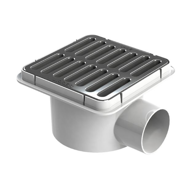 Imagen de 018140 COLADERA CUADRADA 182 SALIDA LATERAL C/REJILLA CROMADA URREA